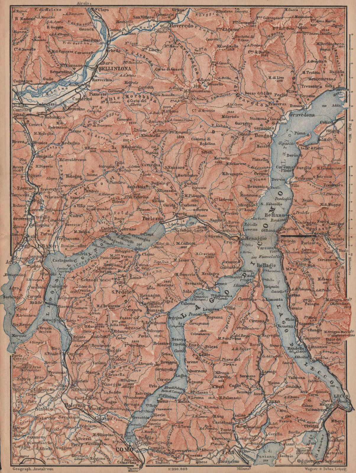 LAKES/LAGO DI COMO & LUGANO. Lecco Bellinzona. Topo-map. Italy mappa 1893